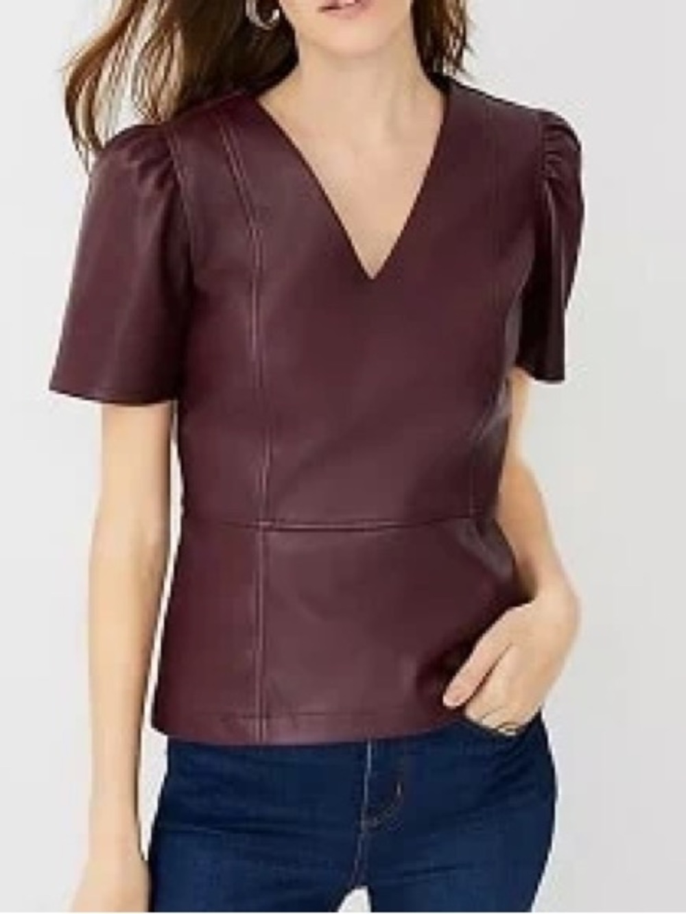 Ann Taylor Faux Leather Puff Sleeve Peplum Top V-Neck - Size Medium Petite